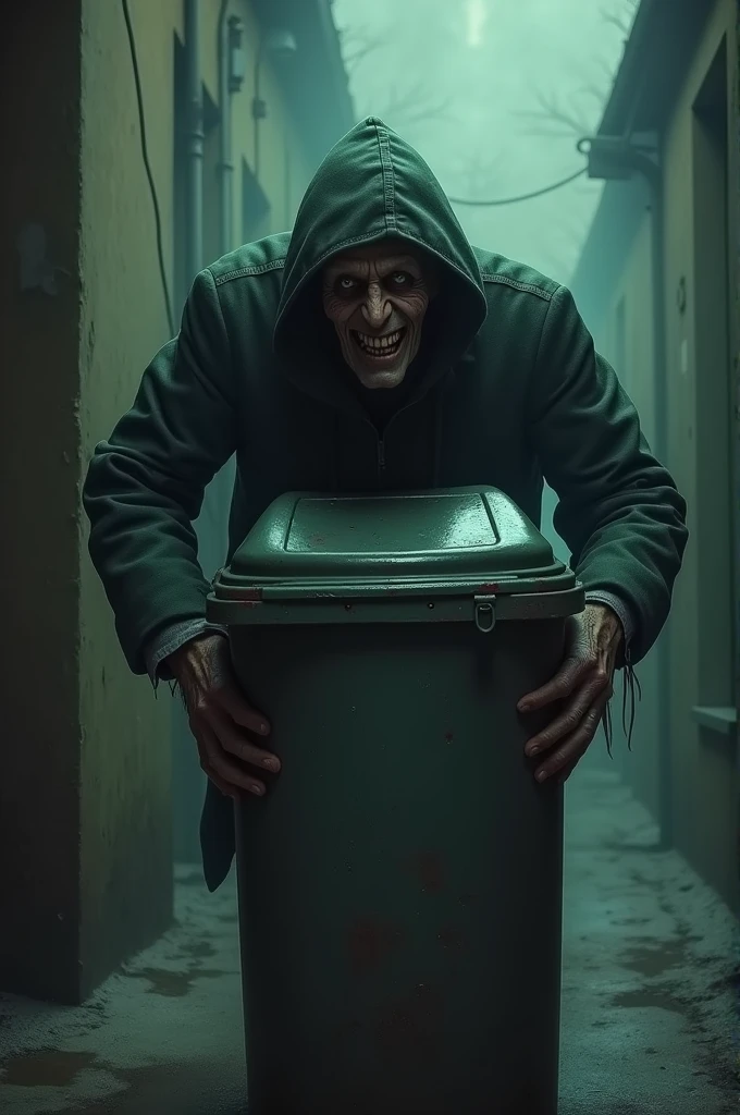 Ek creepy man haste hatho me steel ka dustbin utha k la rha g