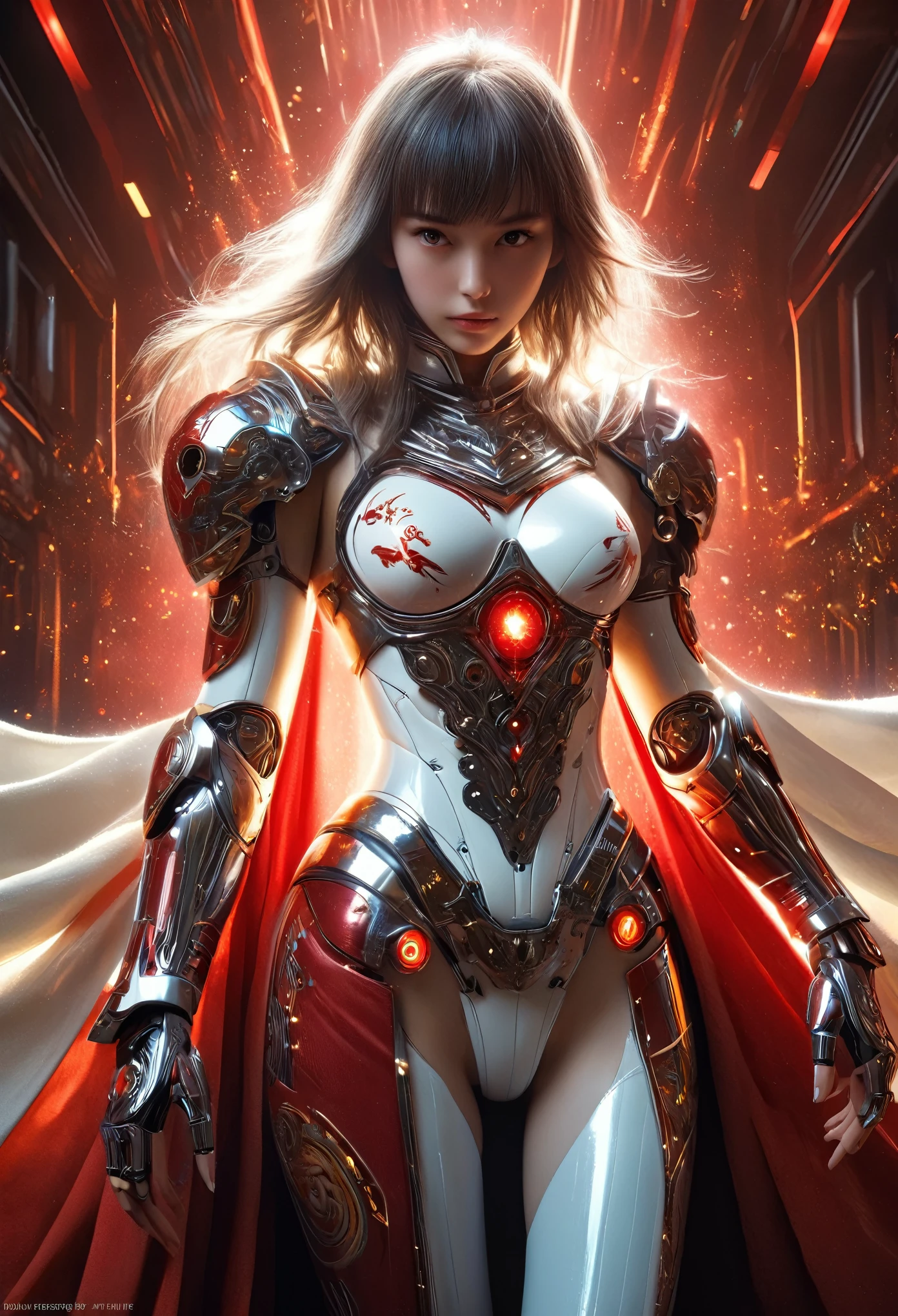 (Best Quality, 4K, 8K, High Resolution, Masterpiece: 1.2), (Super Detailed, Realistic, Photorealistic:1.37), A woman in futuristic clothing, (erotic and sexy:1.4), Trending on cgstation, Trending on cgstation, (Portrait of a girl in the Knights of the Zodiac:1.4), (blunt bangs:1.7), Cute Cyborg Girl, Perfect android girl, Portrait Astronaut Girl, Beautiful girl cyborg, Girl wearing iridescent red mechanical cyber armor, Game CG, cgsociety and fenghua zhong, Beautiful Cyborg Shrine Maiden, Bioluminescence, (Gal Gadot:0.6), Anatomically correct grip, Anatomically correct four fingers and one thumb, (long claws:1.4), erotic and sexy, A gorgeous cape with beautifully detailed embroidery
