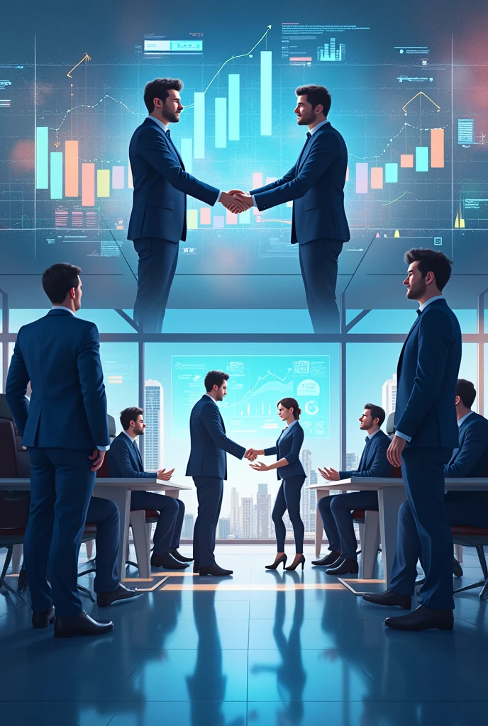 A series of images showing a team presenting a pitch, signing contracts, and a graph showing growth in key metrics.