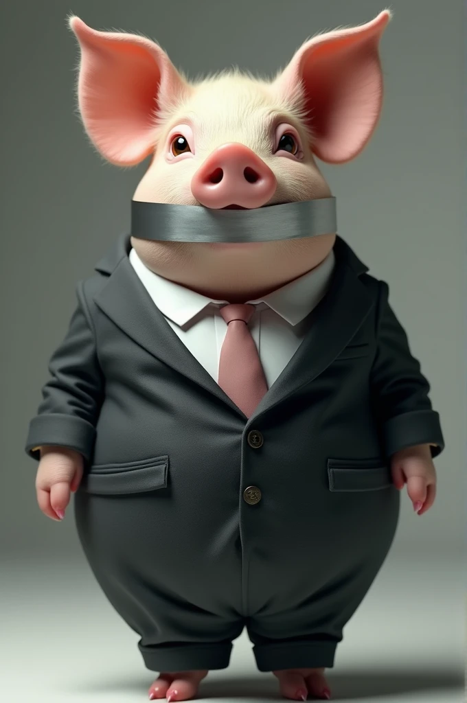 pig wearing suit with silver tape on its mouth 