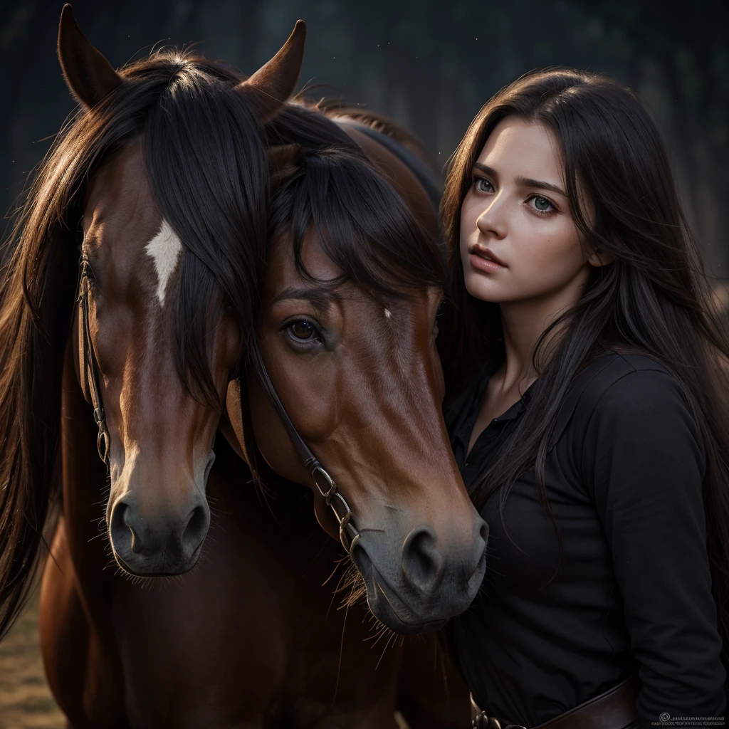 a beautiful young girl with long hair, detailed eyes, nose and lips, being sexually assaulted by a horse, highly realistic, photorealistic, detailed anatomy, dark fantasy, dramatic lighting, muted color palette, 8k, best quality