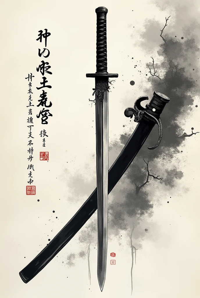 (best quality,highres,masterpiece:1.2),detailed calligraphy,brush strokes,ink splatter,cursive writing,artistic font,classic elegance,traditional technique,beauty in simplicity,inking,
contrast between thick and thin strokes,katana drawing - the meitou sword,Japanese characters,textured paper,subtle shades of black and gray,graceful curves and angles,precision and balance,traditional ink-wash painting,flowing fluidity,vivid poetic expression,brush scrollwork,dried ink marks,one brush stroke at a time,wisdom and tranquility,expressive and dynamic,ancient art form,poetry and philosophy