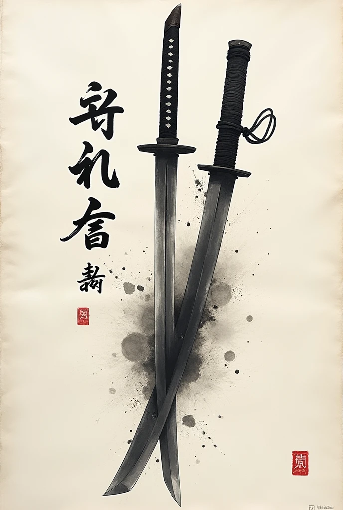 (best quality,highres,masterpiece:1.2),detailed calligraphy,brush strokes,ink splatter,cursive writing,artistic font,classic elegance,traditional technique,beauty in simplicity,inking,
contrast between thick and thin strokes,katana drawing - the meitou sword,Japanese characters,textured paper,subtle shades of black and gray,graceful curves and angles,precision and balance,traditional ink-wash painting,flowing fluidity,vivid poetic expression,brush scrollwork,dried ink marks,one brush stroke at a time,wisdom and tranquility,expressive and dynamic,ancient art form,poetry and philosophy