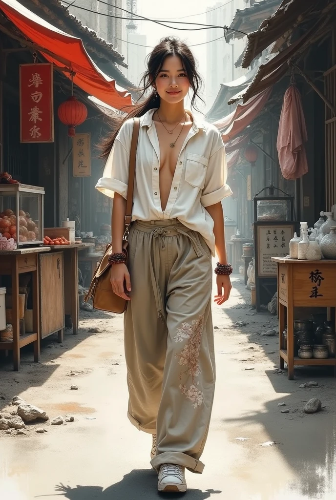 (photorealism:1.4), masterpiece, abstract traditional Chinese ink painting, splash, smudge ink,  (photorealistic :1.3), realistic epic, intricate detail down to the smallest element, image of a beautiful Chinese woman smiling, ponytail, wearing an unbuttoned white shirt, large oversized clear brow linen pant with Japanese kintsugi patterns, light leather shoulder bag, multicolor leather bracelets, mid-turn, white sneakers, walking in a narrow street full of street food  and trash, gloomy, dark atmosphere.