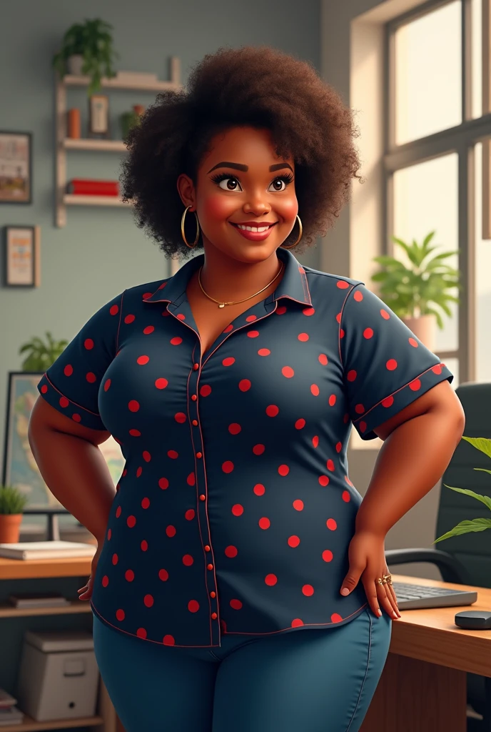 A full body image, Disney-like Brazilian woman in a work environment, wearing a closed dark blue shirt with red balls printed on the shirt, with a plus size body, light brown skin and an extroverted personality.