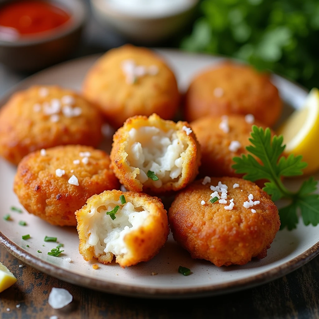 Cria bolinhos de peixe croquetes, douradinhos, fritos
