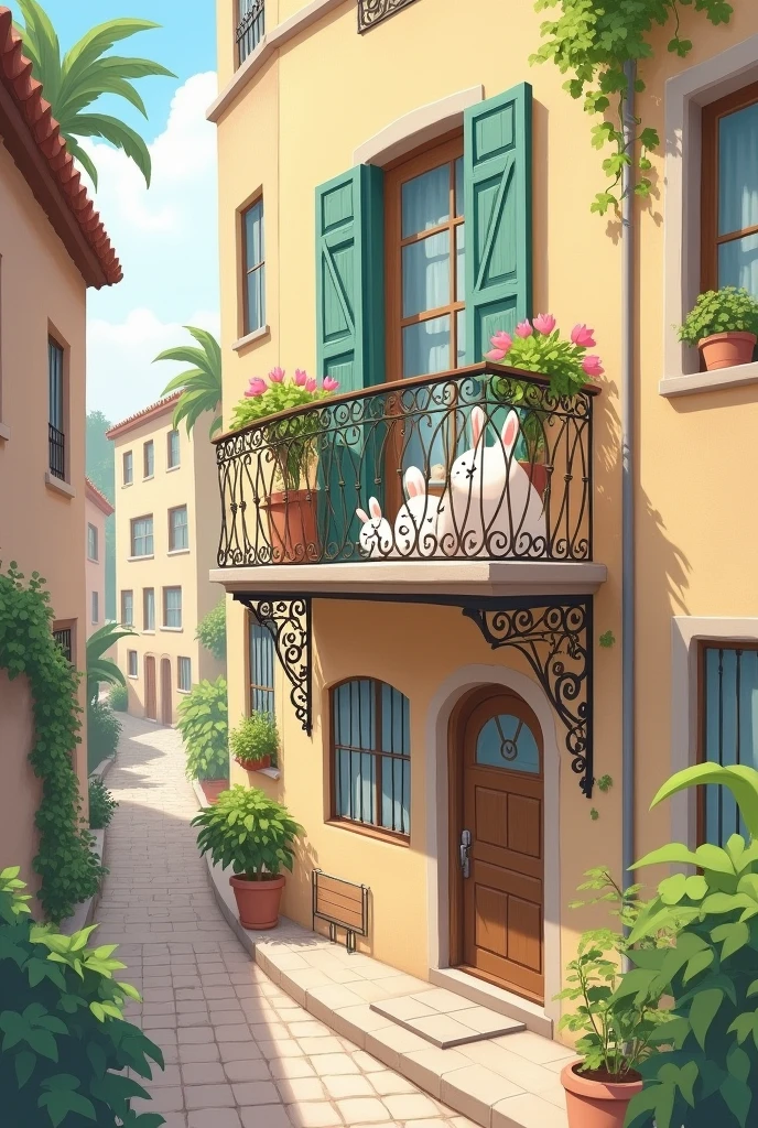 An easy-to-replicate drawing of a balcony, as seen from the street, with some bunnies looking down., You can't see the streets, it's just the balcony and the rabbits are peeking out from the balcony, but they are small and peeking out from below, You can also see the buildings around this balcony. 