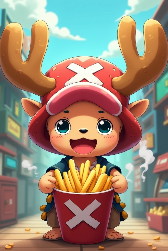 One Piece animated potato-horned Chopper with a cup of french fries