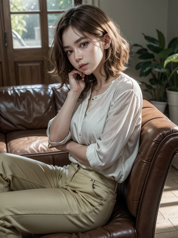(8k, highest quallity, work of art: 1.2), ultra detail, highest quallity, ultra-high resolution, professional lighting, photon mapping, radiosity, Physically based rendering, cinematic lighting, Depth of field, concentrating, Sun'rays, good composition, (bokeh: 1.2), 1womanl, (whole body), series, sad eyes, tired pose, chestnut hair, shorth hair, curly hair, white blouse, olive green pants, sitting not sofa, hand under chin,