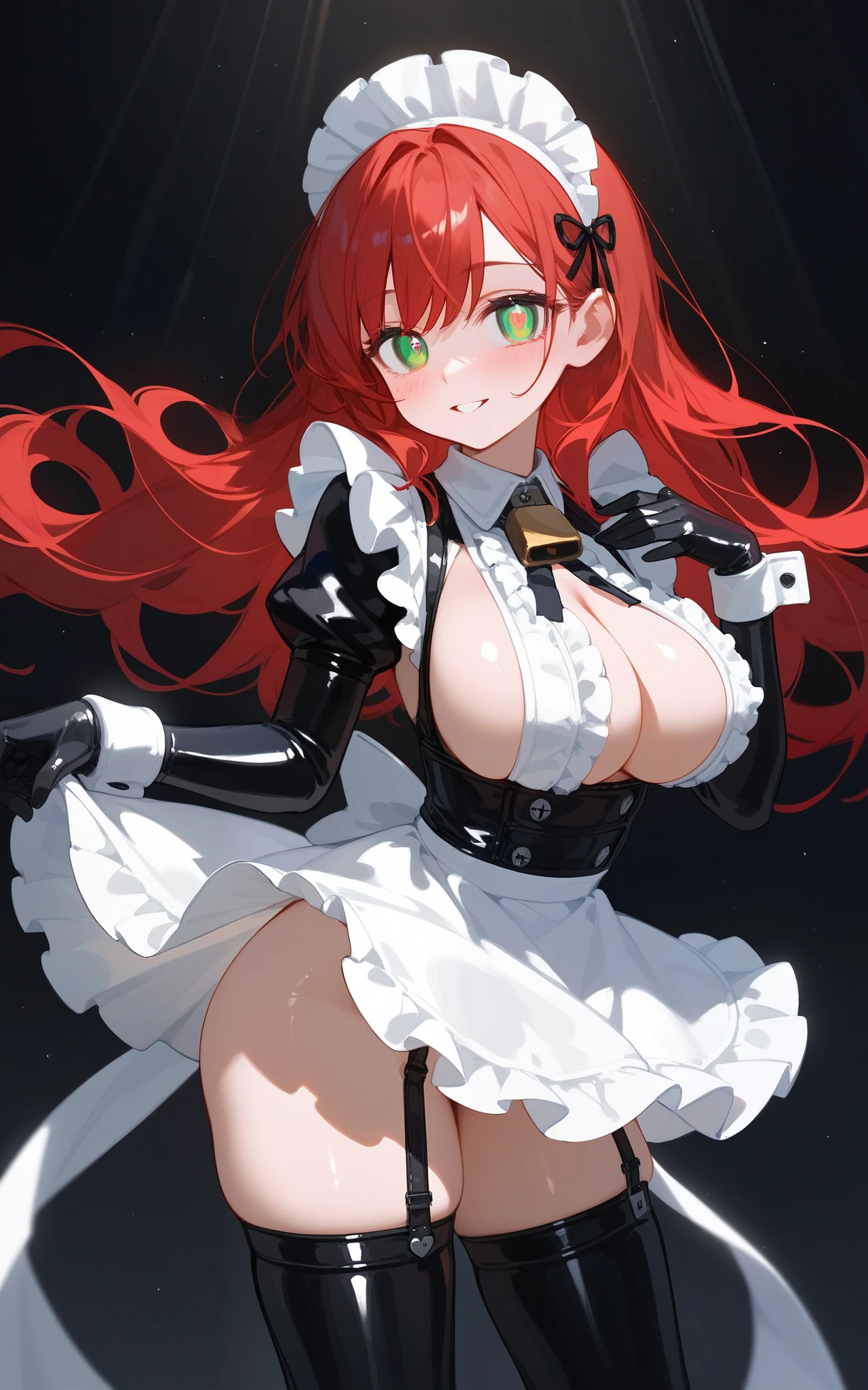 1 girl, best quality, masterpiece, in an elaborate castle dining hall, red hair, green eyes, dull empty eyes with purple glint, hypnotized, mind control, wavy hair, black latex maid uniform, black latex skirt with frills, white shiny latex frills, frills reflect light, lots of cute latex frills, white latex maid apron, shiny latex, black latex gloves with frills, latex stockings with frills, outfit covers boobs completely in black latex, boob bulging against latex, puffy shoulders on outfit, metal cuffs on wrists, metal collar with lock, metal cuffs on ankles, big breasts, big thighs, big butt, hourglass figure, standing up, doing a deep curtsy, showing submission, blushing, smiling, body quivering, pleasure on face