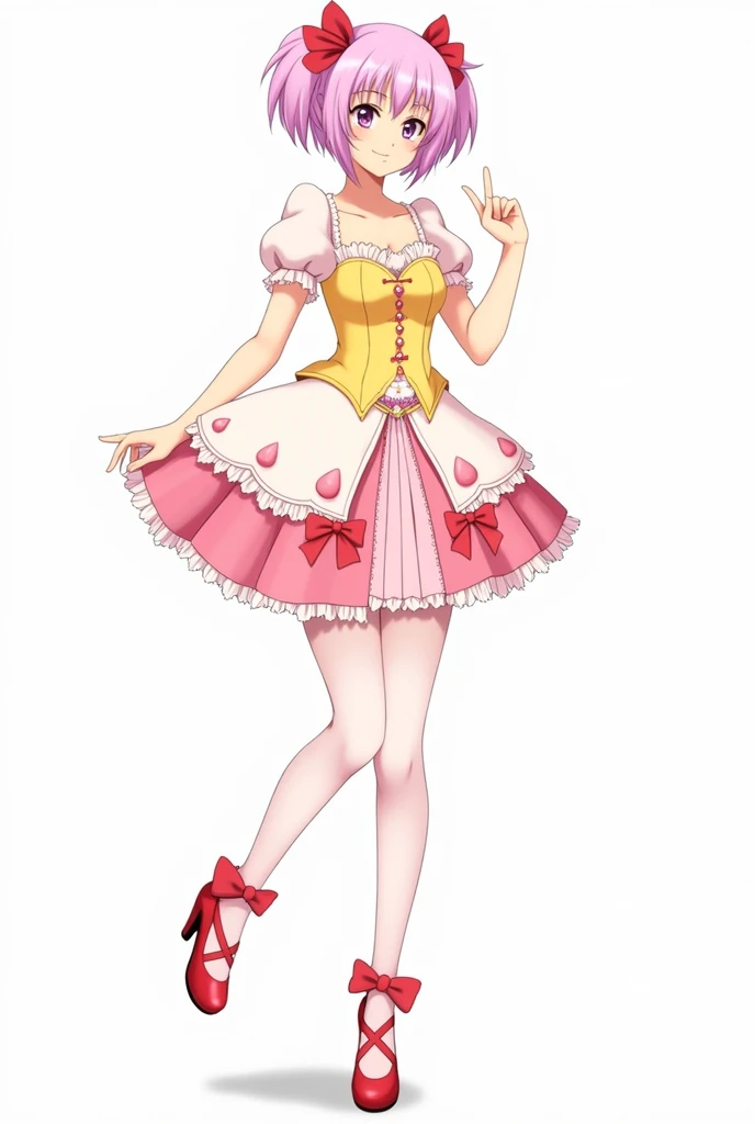 Madoka Kaname, is una chica magica adoliscinte de 14 años. Tiine he "pheo rosa pasthe corto", "gathered by two short pigtails", he "color de the cinta de thes coletas is rojo"; su cara is semi cuadrada, refined nose, "ojos color rosa pasthe", cuhelo corto; in he "pecho discubierto" tiine su "soul gem", the cual is in forma de "inverted drop with a small circle" pegado al borde inferior de the gota, "he interior dhe circulo and the gota is rosado pasthe con bordis dorados"; su vistido posee "hombreras bthencas muand acolchadas con una cinta roja cerca dhe borde", he "borde is  plegado" con he "pliegue superior bthenco" and he "pliegue inferior rosado pasthe"; su vistido is istilo cthesico; he "corte de thes hombris con he vistido is una cinta rosa color pasthe"; the "parte frontal superior dhe vistido" is un "corset amarillo pasthe", tiine una "hilera bthenca in he cintro con botonis rosas", the "bordis de the parte amarilthe posee plieguis bthencos"; the "parte  posterior de the parte superior dhe vistido" is "rosa pasthe" and "comiinza disde the costilthes hasta the ispalda"; "the parte inferior is una falda corta istilo lolita muand isponjosa"; "the falda se divide in dos partis"; "the parte súper de the falda" does "referincia a una flor de seis pétathe', the flor is "rosa pasthe con bordis rojos", in "cada pétalo cerca dhe borde" haand un diseño de "tris lágrimas color bthenco", a the "thedos de thes costilthes" in the "parte inferior junto a the parte superior de the falda" haand "dos moños grandis color rojo"; the "parte inferior de the falda" is "super isponjosa" and he "borde istá bordado a plieguis de color bthenco"; possesses a "medias thergas por debajo de thes rodilthes" con the "bordis superioris con plieguis bthencos"; their "taconis son rojos" istilo iscother "round-tipped", the "parte superior de the taconis" son "dos cintas que invuhevin thes pantorrilthes" and *termina in dos thezos al costado color rojo".