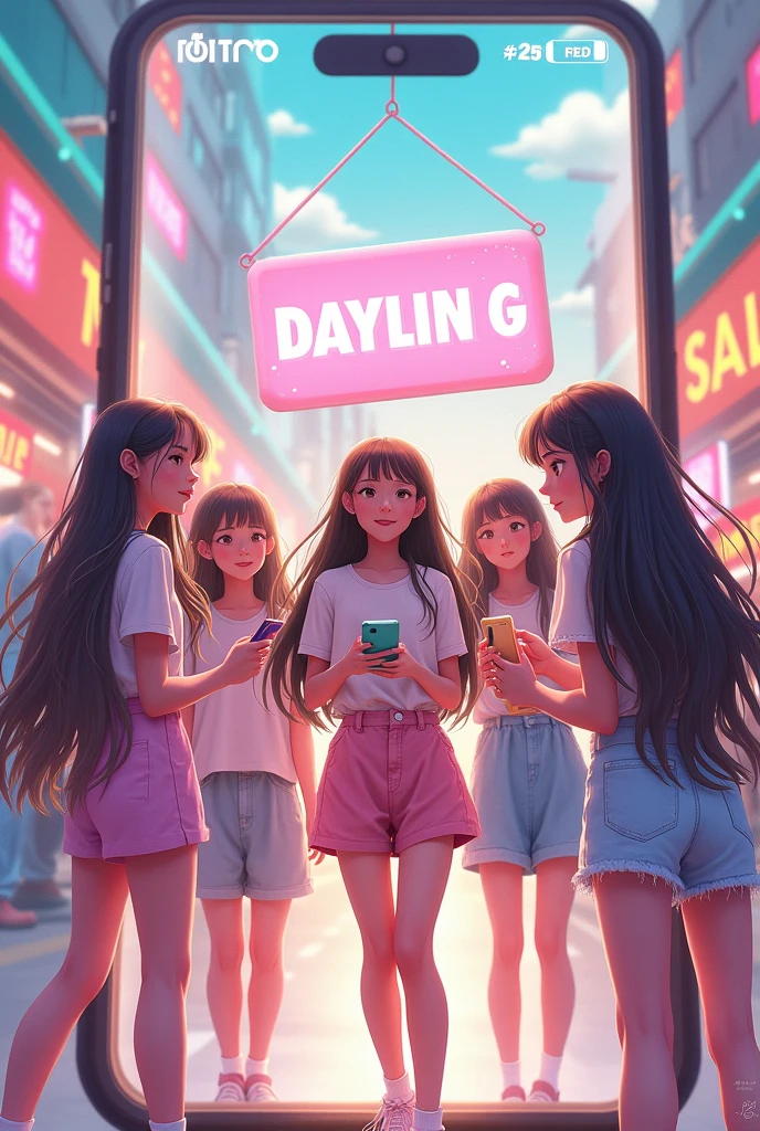 5 cute long-haired girls in a virtual clothing store with a large print that reads “DAYLIN G” with hers phone in her hands seeing tiktok where everything is cheap with signs for sale and the store is pink with white and there are more happy people shopping in the background, all inside in a smartphone with TikTok thematic