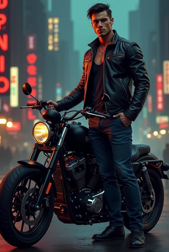 A handsome young gangster man with a black motorcycle