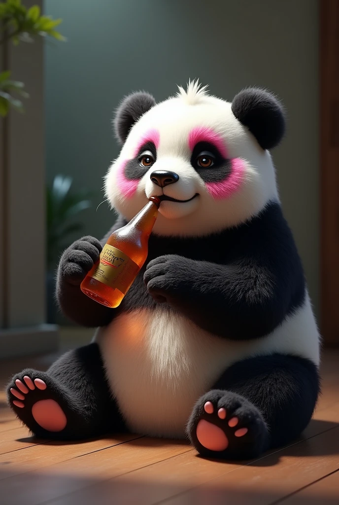  panda bear, female, with white colors, pink and black, drinking beer on the floor drunk 