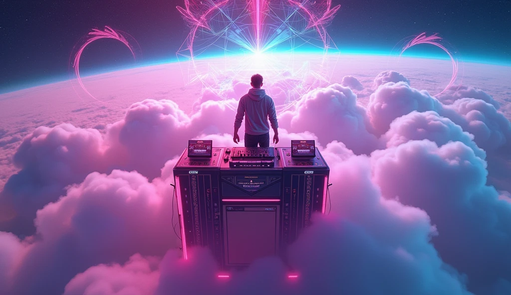 a dj above the clouds, edm music, neon energy