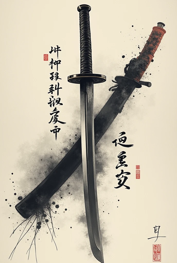 (best quality,highres,masterpiece:1.2),detailed calligraphy,brush strokes,ink splatter,cursive writing,artistic font,classic elegance,traditional technique,beauty in simplicity,inking,
contrast between thick and thin strokes,katana drawing - the meitou sword - samurai,Japanese characters,textured paper,subtle shades of black and gray,graceful curves and angles,precision and balance,traditional ink-wash painting,flowing fluidity,vivid poetic expression,brush scrollwork,dried ink marks,one brush stroke at a time,wisdom and tranquility,expressive and dynamic,ancient art form,poetry and philosophy