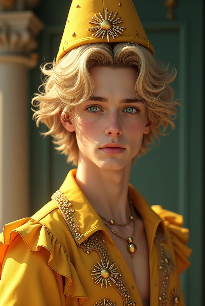 Very handsome young blond man with hair as blond as the sun. Your eyes are bright blue-green and very beautiful. He wears a yellow blouse with ruffles and gold embroidered suns.. His hair is voluminous and he wears a pointy hat with a sun on the tip.. He has a mole near his left eye.