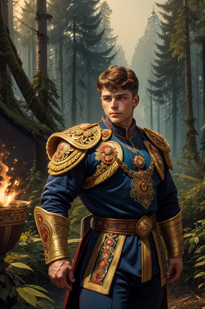 Victorian Portrait of a Russian young prince, beautiful, 30 years, a man, Sadko, a fairy tale character, Warrior in Russian armor, old russian ornament on his shirt. Old Russia, the forest in the background., photo, Explosion, Fire, Neon light, style of Greg Rutkowski and Alphones Mucha, Ilya Kuvshinov