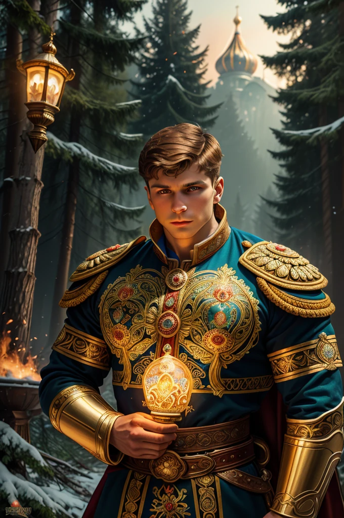Victorian Portrait of a Russian young prince, beautiful, 30 years, a man, Sadko, a fairy tale character, Warrior in Russian armor, old russian ornament on his shirt. Old Russia, the forest in the background., photo, Explosion, Fire, Neon light, style of Greg Rutkowski and Alphones Mucha, Ilya Kuvshinov