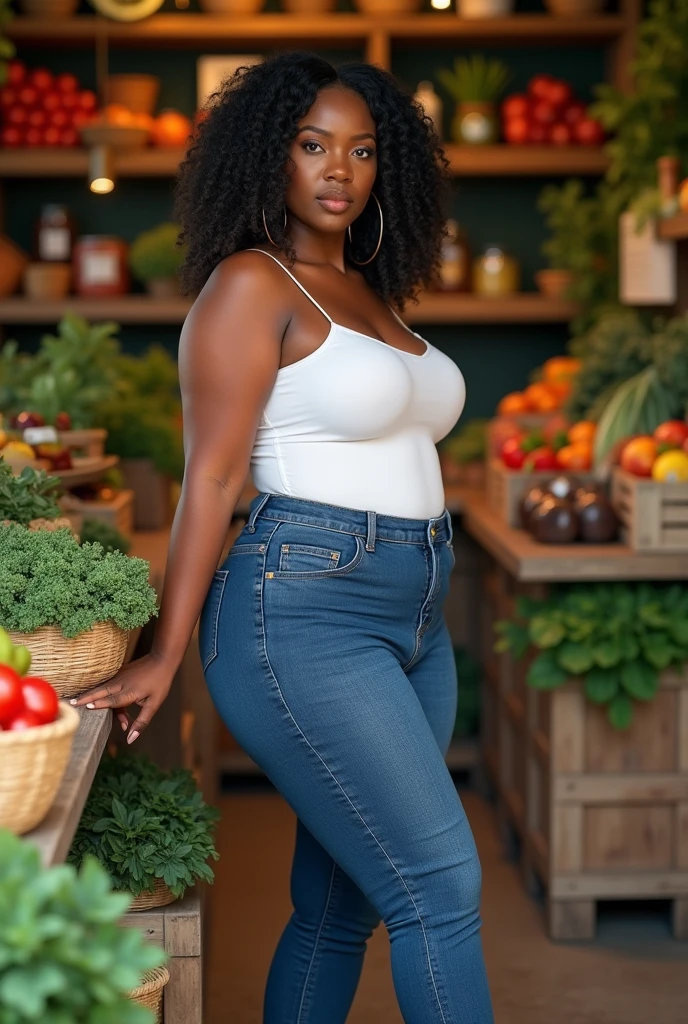 create a image of a beautiful black woman with very curvy body shape wearing a white top with a pair of blue jeans trousers standing facing sideways in an organic shop