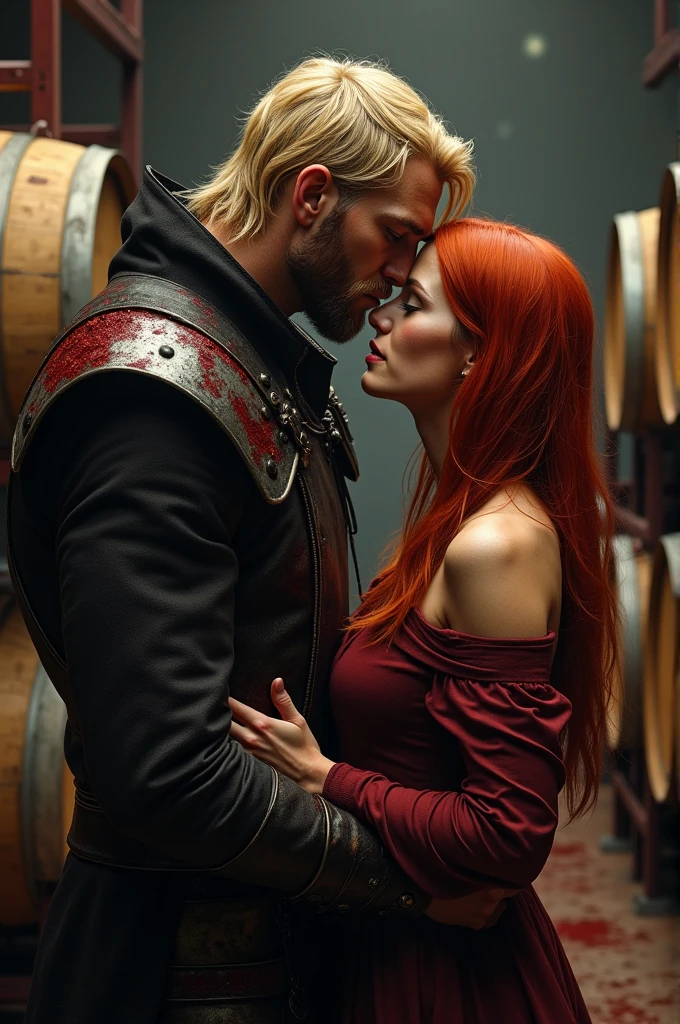 A tall blonde man dressed in bloodstained black , giving a red-haired woman a kiss on the forehead in a winery 