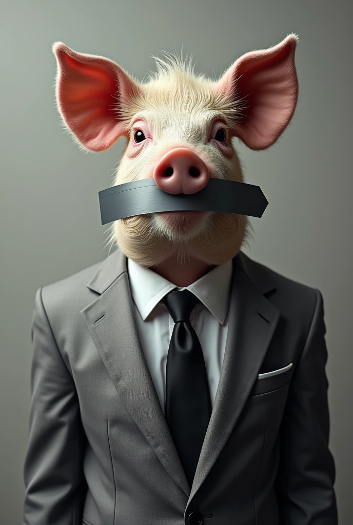 pig wearing suit with silver tape on its mouth