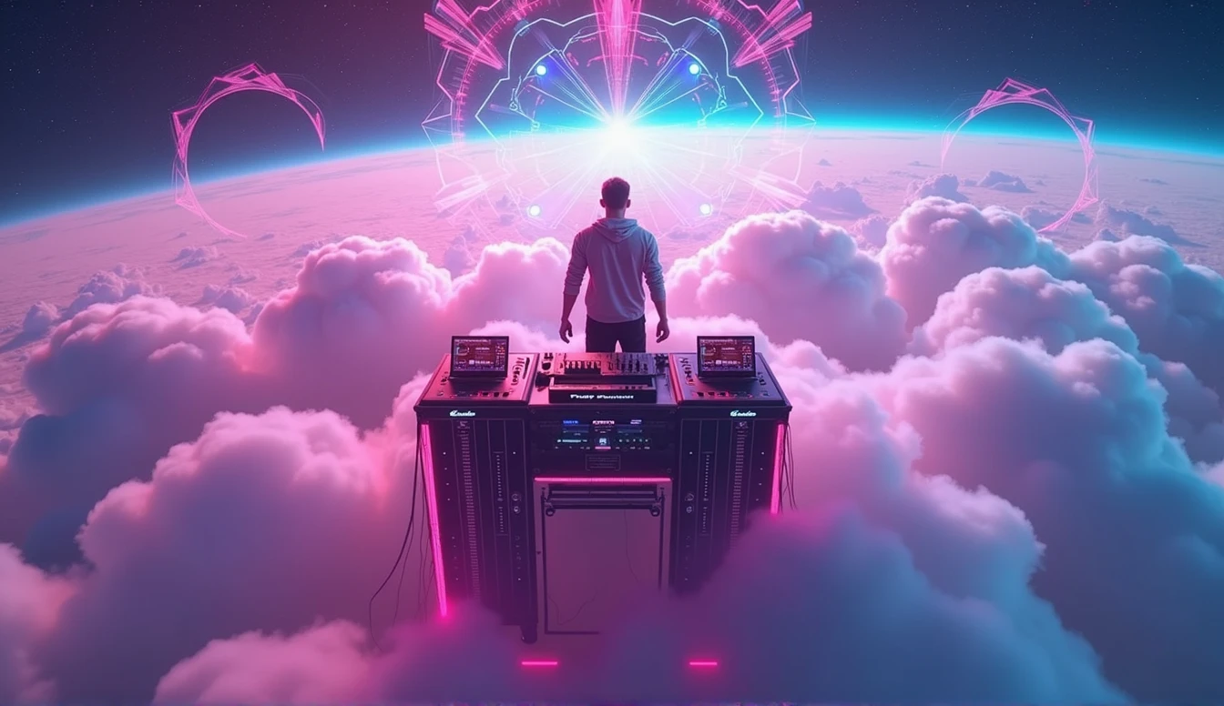 a dj above the clouds, edm music, neon energy