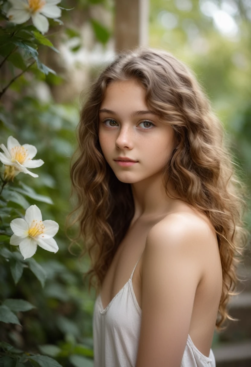 A captivating naked portrait of an 18-year-old girl with wavy hazel hair and gentle light brown eyes. The waves flow gracefully, framing her face in a natural and carefree manner. Soft, diffused lighting highlights the hazel tones in her hair and adds a warm glow to her inviting light brown eyes. The overall composition exudes a sense of natural beauty and approachability. Standing with one foot on a step or platform. Secret Garden with Blooming Flowers. Canon EF 50mm f/1.2L USM lens at f/2.0, ISO 100, 1/200s