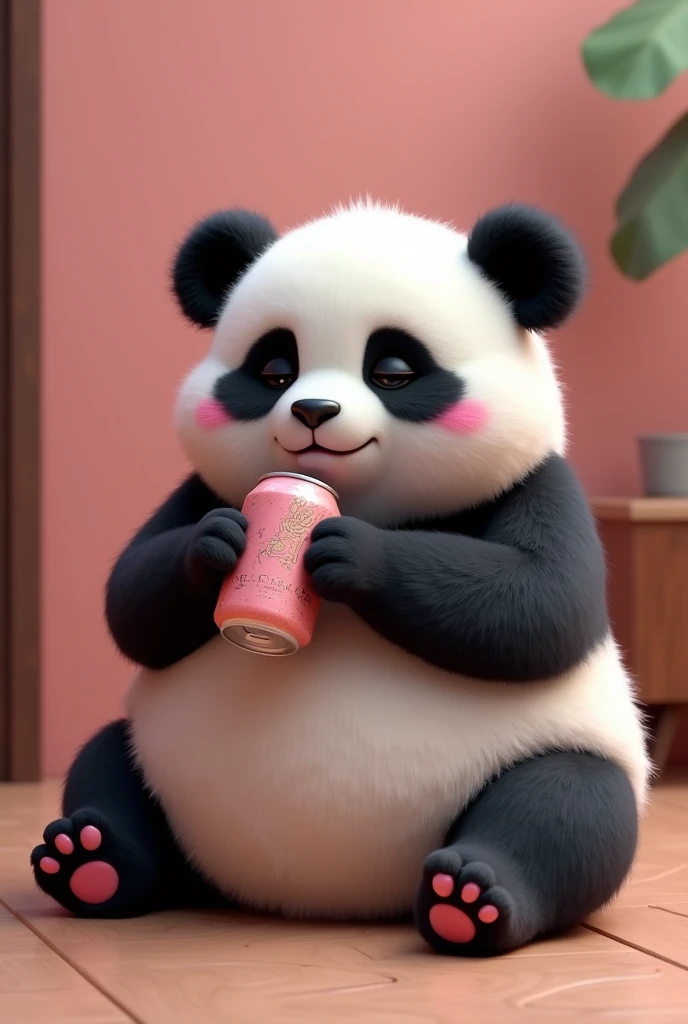  panda bear, female, with white colors, pink and black, drinking beer on the floor drunk 