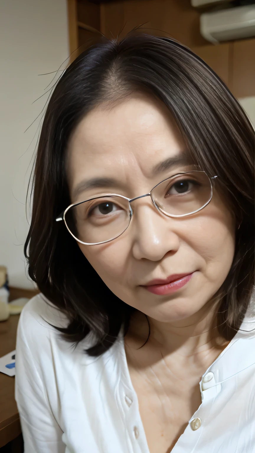 One Japanese woman、Close-up photo with focus on face、65 years old、He wears thin, silver-framed glasses.、He is wearing a plain, loose-necked T-shirt and facing the camera.、Cleavage、very large droopy breasts、Elegant medium length hair、Light brown hair、A little heavy makeup、Glossy Red Lips、Staring with a seductive smile、she、A retired former teacher、The person who was my supervisor。Now she is my tutor.。The background is my room、realistic, high detail, Glossy Red Lips、, Light from the front,