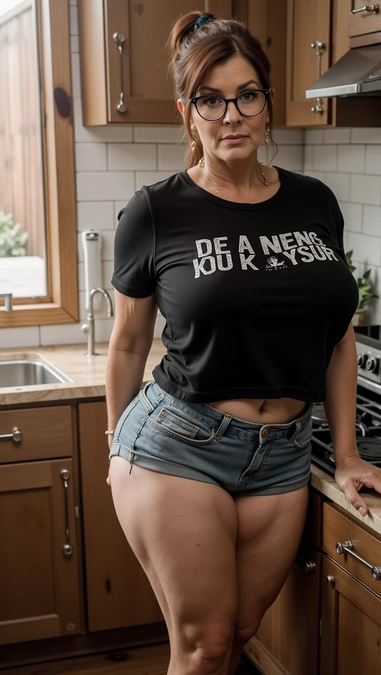 woman,((40 years old)), beautiful face, white skin, tshirt, short pants, big hips, soft smile, naughty, full body, kitchen