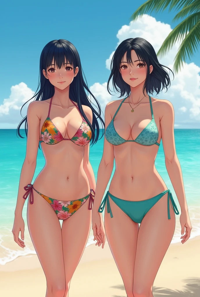 A Japanese woman and a Caucasian woman wearing swimsuits