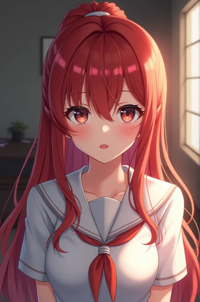 Japanese、redい髪、red、red髪ロング、low length、Idol、high resolution、Highest quality、Real、Juvenile atmosphere、innocent、、Wearing a white uniform、ponytail、We are alone in the room.、looking at the camera、Tongue out