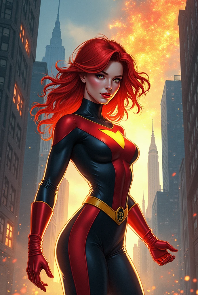 Generate an image of a comic book cover in the style of the 80s, where the superhero is a woman and her power is light and her hair color is red, and the villain is darkness, To title it light and shadow