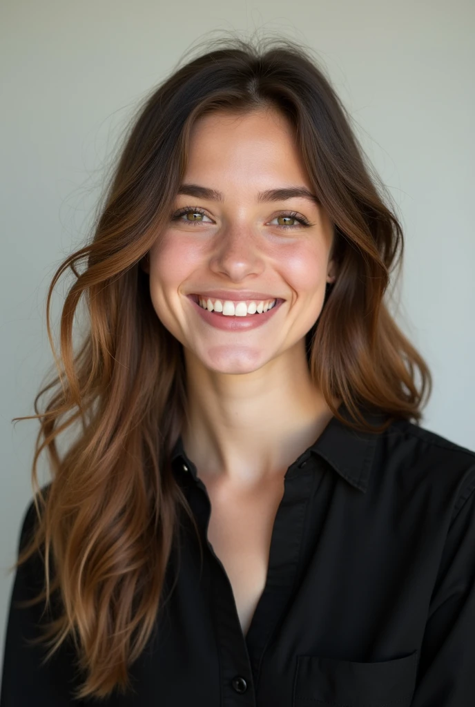 "A young woman with long, wavy brown hair is smiling at the camera. She is wearing a black blouse and is positioned in front of a neutral, plain background, light-colored. The lighting is soft, highlighting her face with a friendly and natural expression. The image conveys a sense of simplicity and authenticity."