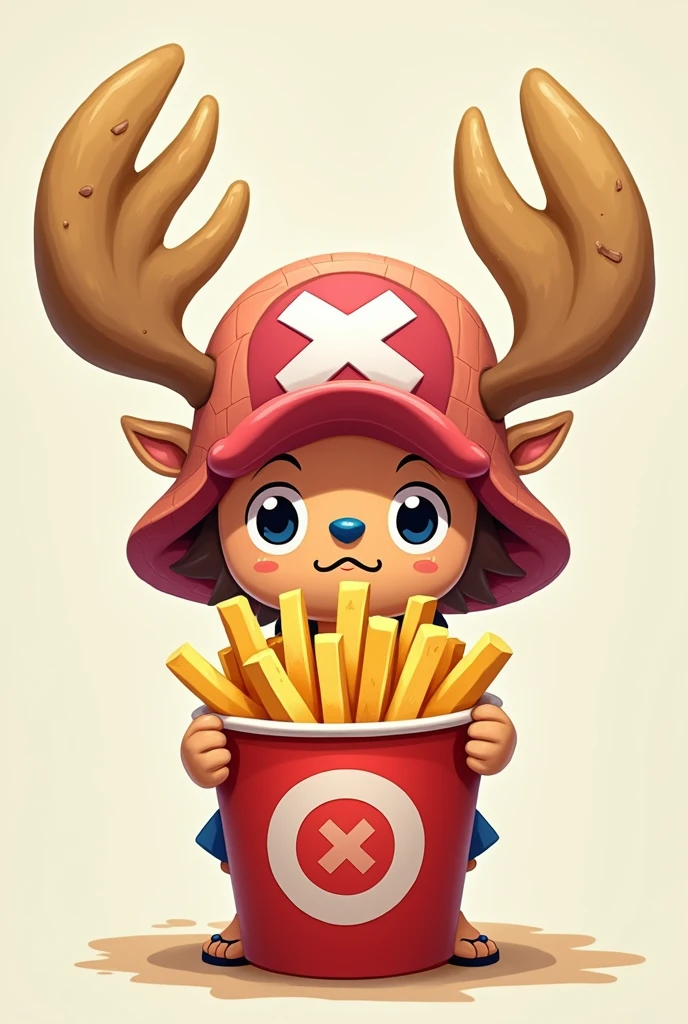 One Piece animated potato-horned Chopper with a cup of french fries
