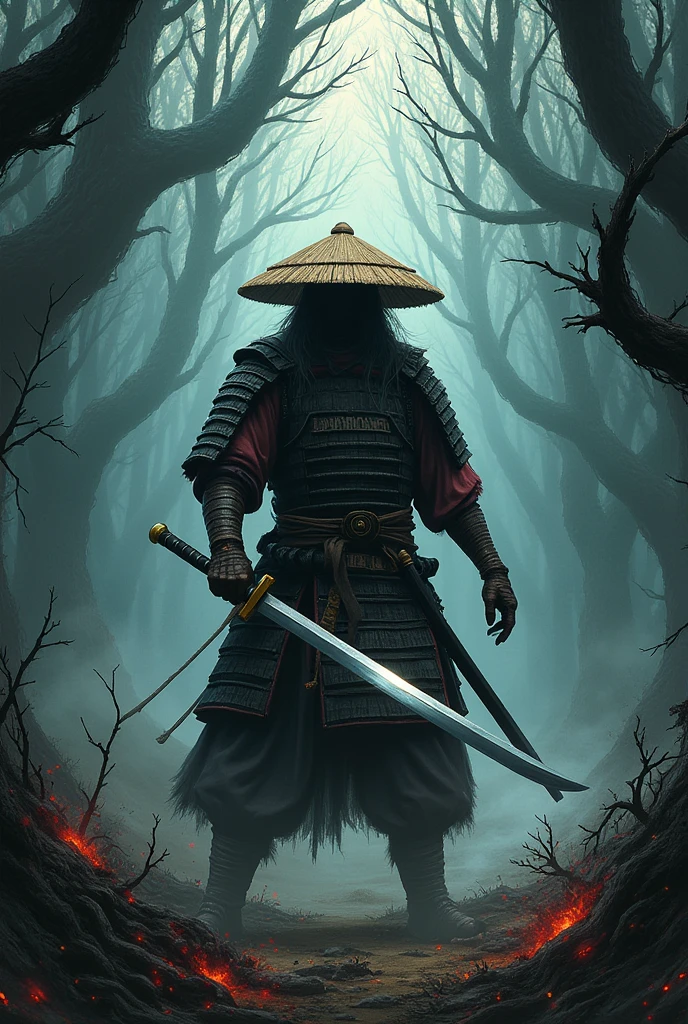 A samurai holding his katana with both hands, attacking dark creatures in a dense forest at dusk, He wears traditional samurai armor, worn and with black and red details and a straw hat (kasa).