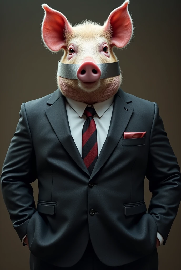 handsome, strong pig wearing suit with silver tape on its mouth 