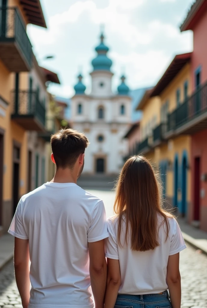 Young man and woman wearing white t-shirts with their backs to the camera in Cuenca, Ecuador.