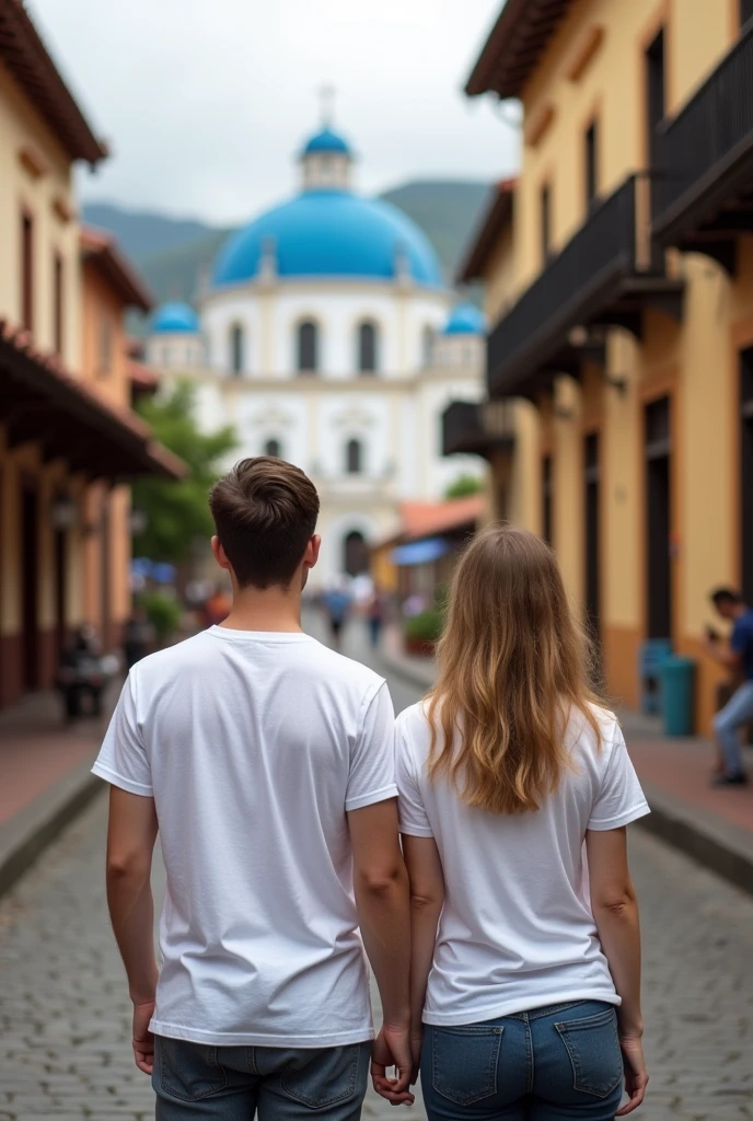 Young man and woman wearing white t-shirts with their backs to the camera in Cuenca, Ecuador.