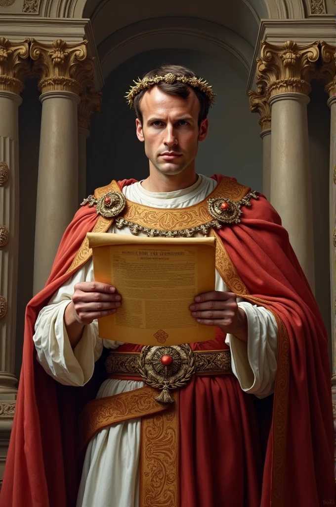 Dessine moi Emmanuel Macron dans le style d'un tableau de la renaissance. Celui-ci se tient devant l'Assemblée national française en tenu d'empereur romain et il proclame en lisant un parchemin la naissance du IIIe empire