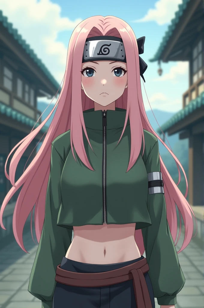 Anime Naruto female, 16 years , long straight pink-whitish hair , black eyes , Leaf Shinobi headband at the waist , showing midriff , Whole body , small white ribbon bow in the hair , pale white skin , Collar Konoha 
