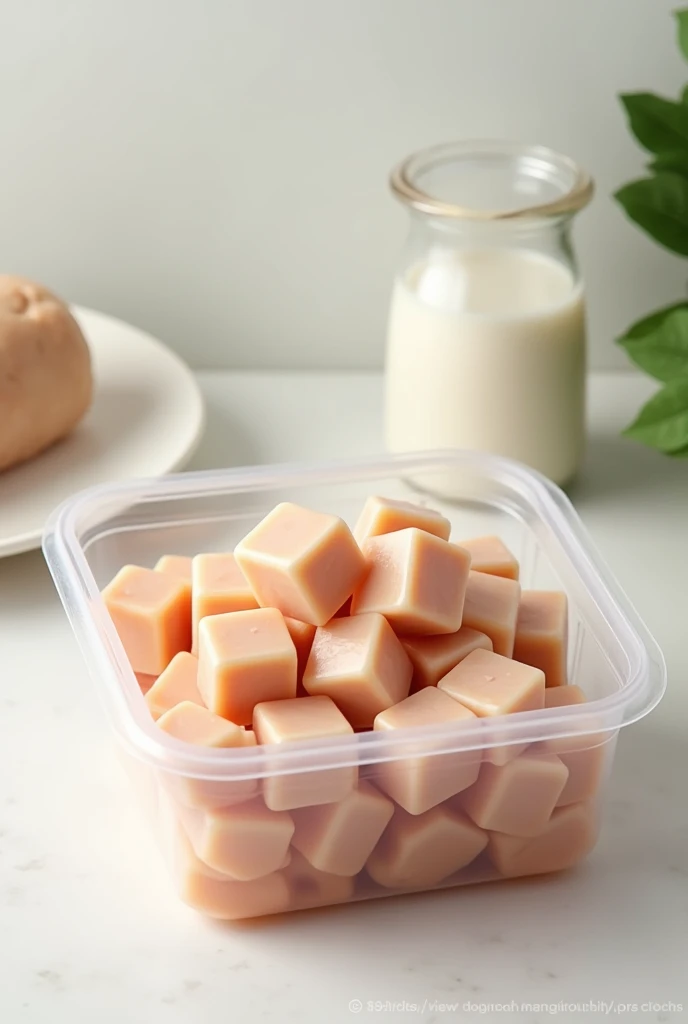 a diced chicken breast product in a recyclable container