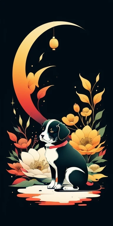 (work of art, best qualityer: 1.2), Shukizuma, negative space, shuimobysim, ink painting, colorful colors, traditional chinese, cute puppy playing with flowers, peaceful, (ssmile), Looking at the scenes, color saturation, shiny colors