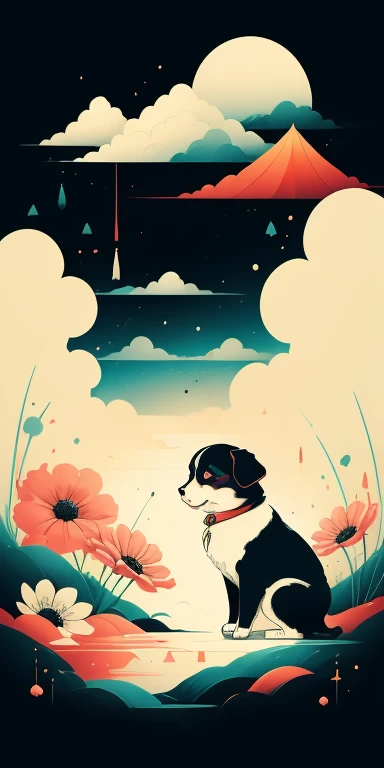 (work of art, best qualityer: 1.2), Shukizuma, negative space, shuimobysim, ink painting, colorful colors, traditional chinese, cute puppy playing with flowers, peaceful, (ssmile), Looking at the scenes, color saturation, shiny colors