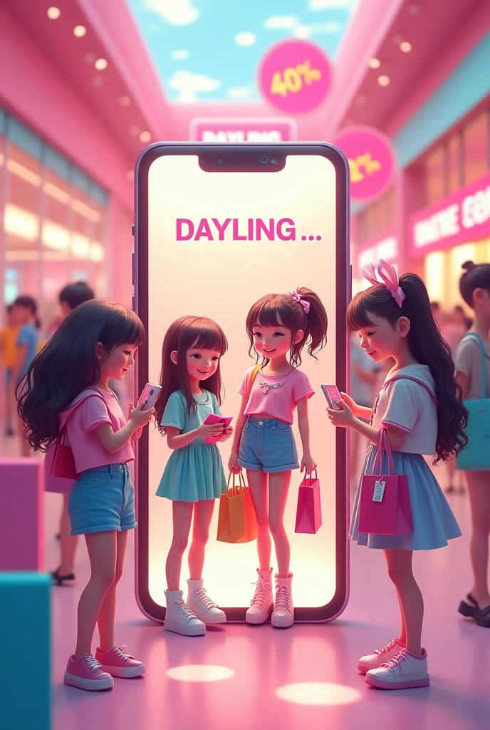 5 cute girls conected in a virtual clothing store with a large print that reads “DAYLIN.G” with hers phone in her hands seeing tiktok and a lot of shopping bags where everything is cheap with signs for sale and the store is pink with white and there are more happy people shopping in the background, all inside in a smartphone with TikTok thematic