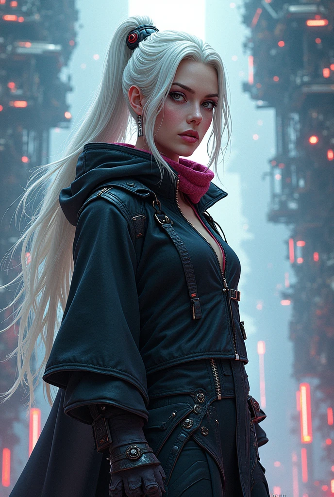 (masterpiece) beautiful girl, medium breasts, sparkling green eyes, long white hair, gradient hair, backpack, black and red jacket, skirt, serene expression, cyberpunk village, immersive atmosphere, futuristic technology, mesmerizing world, hair in the wind, neon-lit machines, vivid and contrasting colors, soft shading and cellular shading, immersive and detailed scenery, blue sky, detailed clouds, clouds reflecting sunlight,  overexposure, ultra detailed, sharp and smooth focus,