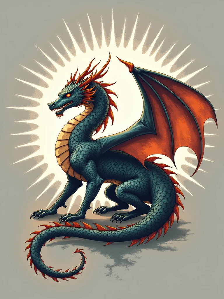 a logo with a dragon in a coat with white rays around it, written phimosis dragons