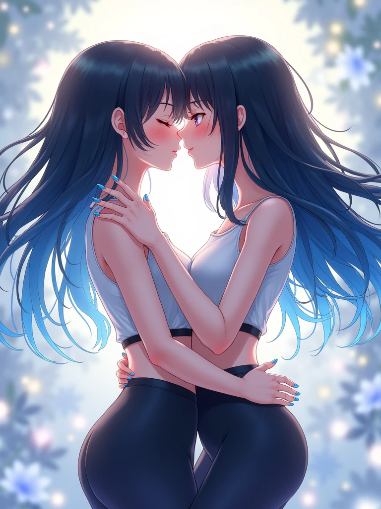 anime girls kissing with leggings white top blue nails and black hair with blue lines