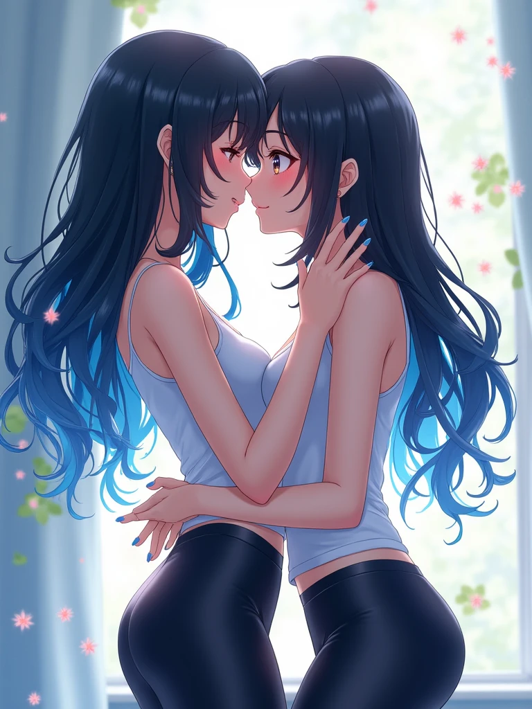 anime girls kissing with leggings white top blue nails and black hair with blue lines